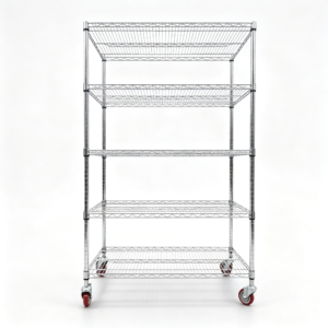 5 Tier Chrome Metal Wire Shelving Unit With Red Casters, Mobile Industrial Wire Storage Rack For Warehouse