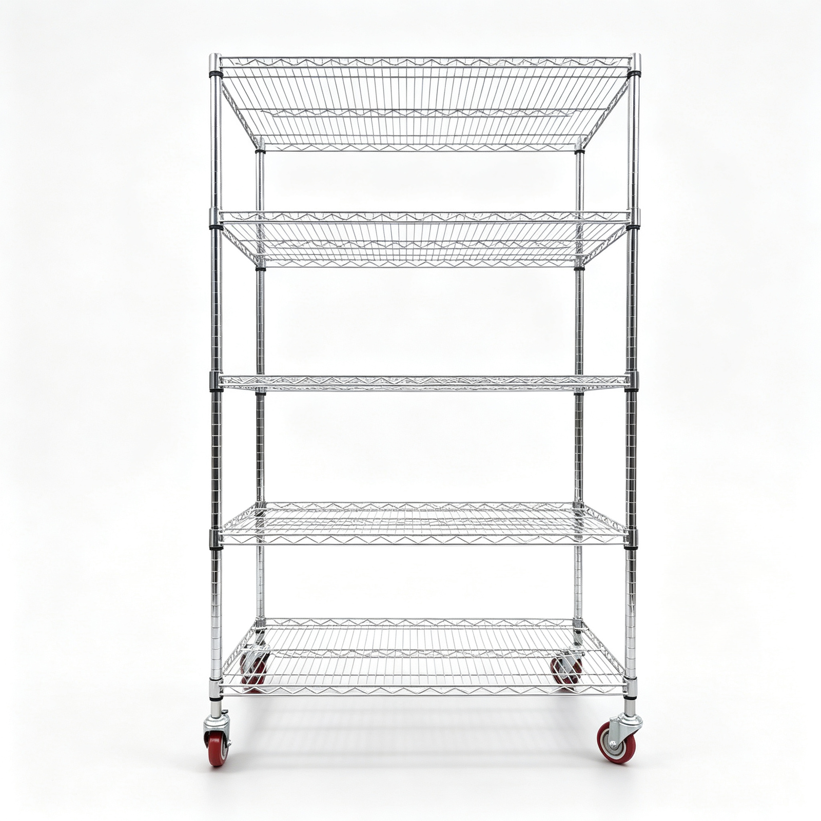 5 Tier Chrome Metal Wire Shelving Unit With Red Casters, Mobile Industrial Wire Storage Rack For Warehouse