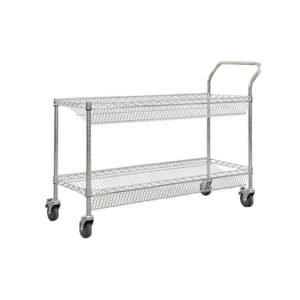 2 Tier Chrome Metal Wire Shelving Cart With Handle, Mobile Rolling Utility Storage Cart For Warehouse Kitchen